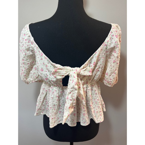 Altar'd State Floral Peplum Top Puff Sleeve Tie Back Pink Ivory Blouse M - Picture 6 of 10
